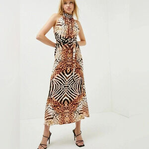 NWT Karen Millen Petite Mirrored Tiger Woven Halter Dress